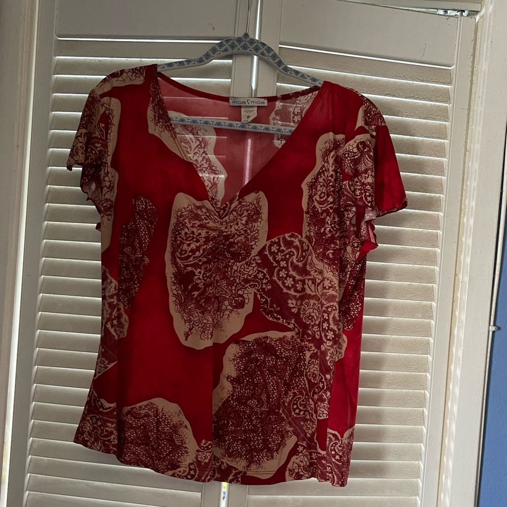 Moa Moa red and cream blouse with ruching in XL
